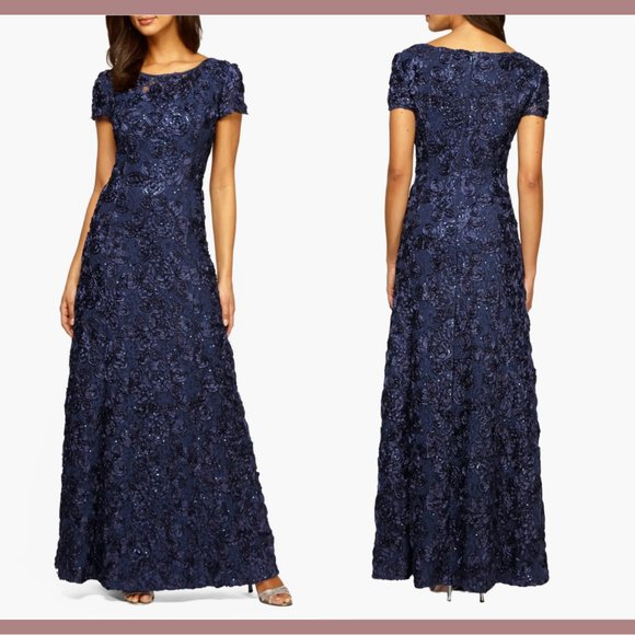 NWT $259 ALEX‎ EVENINGS [ 6 ] Embellished Lace Rosette A-Line Gown in Navy Blue - Picture 1 of 14